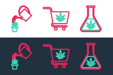 Test tüpünü marihuana sulama kutusu ve alışveriş arabası ikonu ile ayarla. Vektör.