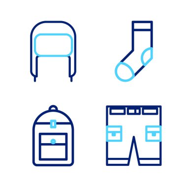 Sırt çantalı çoraplar ve kulaklık ikonlu kış şapkası. Vektör.