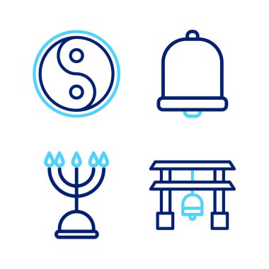 Japon kapısı Hanuka menorah kilise çanı ve Yin Yang ikonu. Vektör.