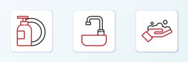 Bulaşık deterjanı şişesi tabağı ve lavabo musluğu ikonu ile el yıkamayı ayarla. Vektör.