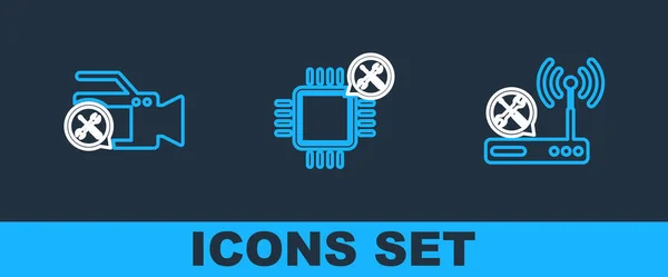 Nastavit Řádek Router Servis Video Kamera Ikona Procesoru Vektor — Stockový vektor