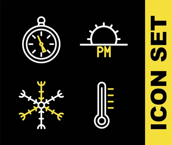 Set Line Sunset Meteorology Thermometer Snowflake Compass Icon Vector — Stock Vector