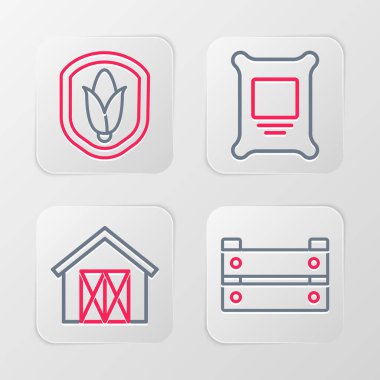 Ahşap kutu çiftlik evi gübre torbası ve kalkanların mısır ikonu. Vektör.