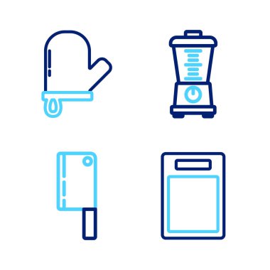 Hat kesme tahtası et blenderi ve fırın eldiveni simgesini ayarla. Vektör.