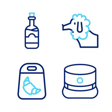 Kepi Croissant paket fino köpeği ve şişe şarap ikonu. Vektör.