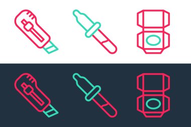 Karton karton kutu kırtasiye bıçağı ve Pipette simgesini ayarla. Vektör.