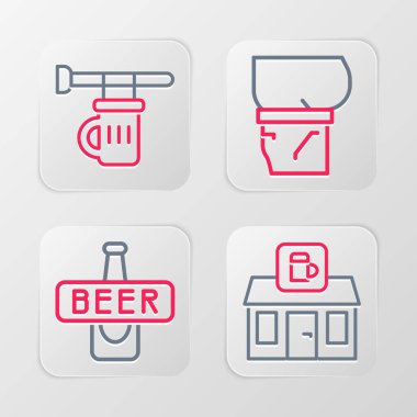 Bira dükkanı binası, bira şişesi göbeği ve cam ikonlu tabela. Vektör.