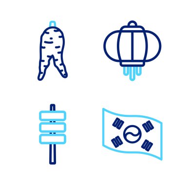 Güney Kore bayrağı, Tokyo Pokki Feneri ve Ginseng kök ikonu. Vektör.