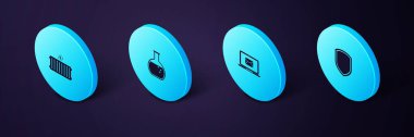 Isometric Shield 'ı ayarlayın, laptopta zarf, test tüpü, matara ve ısıtma radyatörü ikonu. Vektör.