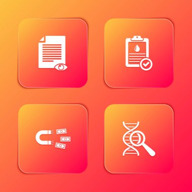 Kağıt sayfayı göz, pano kan testi, mıknatıs parası ve DNA araştırması, arama simgesi ile ayarla. Vektör.