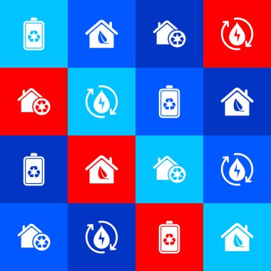 Bataryayı geri dönüşümlü olarak ayarla, çevre dostu ev, ev geri dönüşümü ve temiz su ikonunu. Vektör.