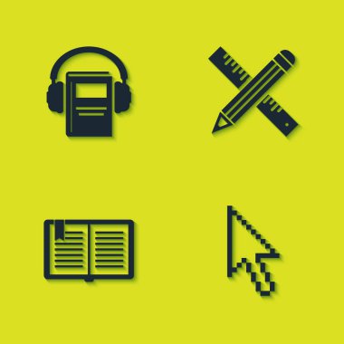 Ses kitabını, Piksel ok imlecini, Açık ve Çapraz cetvel ve kalem simgesini ayarla. Vektör.