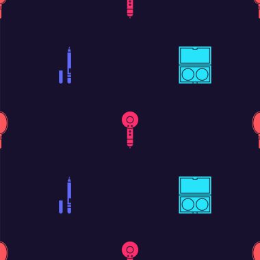 Makyaj tozunu ayna, göz kalemi, kaş, saç kurutma makinesi ve düz desenli el ile ayarla. Vektör.