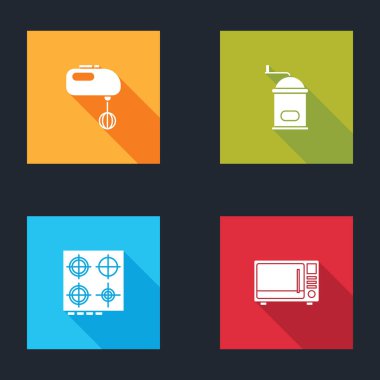 Elektrik mikseri, el yapımı kahve öğütücüsü, gaz ocağı ve mikrodalga fırın ikonu. Vektör.