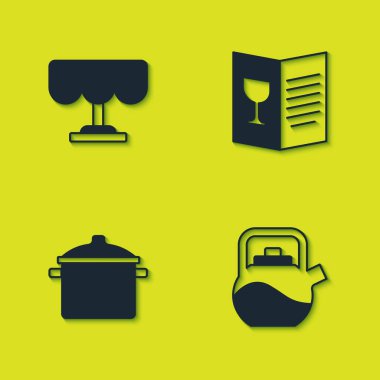 Ahşap masa, saplı çaydanlık, tencere ve restoran kafe menüsü ikonu hazırla. Vektör.