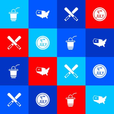 Bira pong oyunu, ABD haritası çapraz beyzbol sopası ve 4 Temmuz ikonuyla takvim. Vektör.