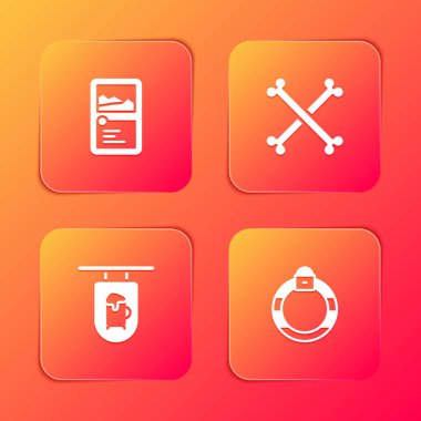 Kart koleksiyonu, çapraz insan kemikleri Bar ve Magic Stone yüzük ikonuyla sokak tabelası. Vektör.