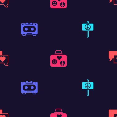 Peace 'i, Retro ses kasetini seyahat için bavulu ve pürüzsüz şablon üzerine konuşma baloncuğu sohbetini ayarla. Vektör.