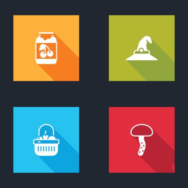 Reçel kavanozu, cadı şapkası sepetini, yemeği ve mantar ikonunu hazırla. Vektör.