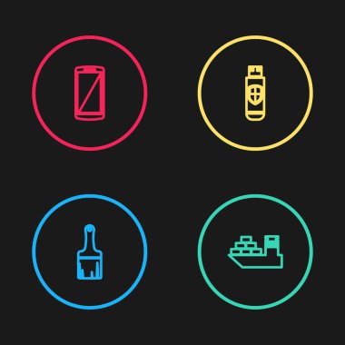 Çizgi fırçası, kargo gemisi, USB flash disk, kalkan ve akıllı telefon, cep telefonu simgesi. Vektör.