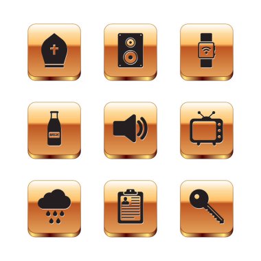 Pope 'un şapkasını yağmur panosuyla değiştir. Hoparlör hacmi cam şişe sütü ve kapağı ve Smartwatch kablosuz ikonu. Vektör.