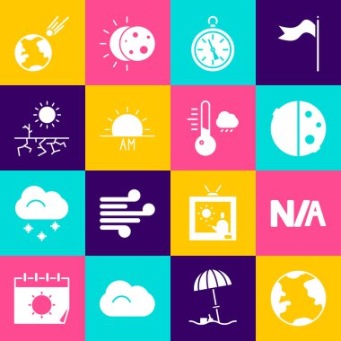 Dünya küresini ayarla Güneş Pusula Tutulması uygulanamaz Gün Doğumu Kuraklık Kuyruklu Yıldızı hızla düşüyor ve Meteoroloji termometre simgesi. Vektör.