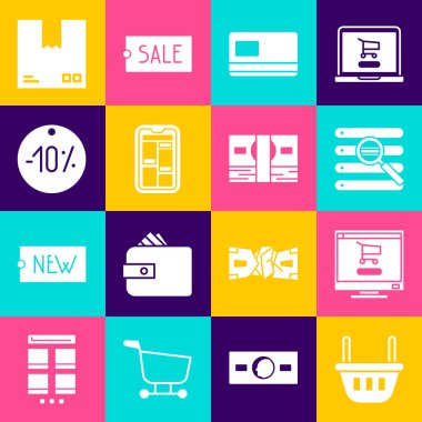 Alışveriş sepeti arabasını bilgisayardan ara tarayıcı pencere kredi kartı Online alışveriş telefonu trafik sembollü karton kutu ve kağıt para ikonu ile birlikte yüzde on indirim etiketi olarak ayarla. Vektör.