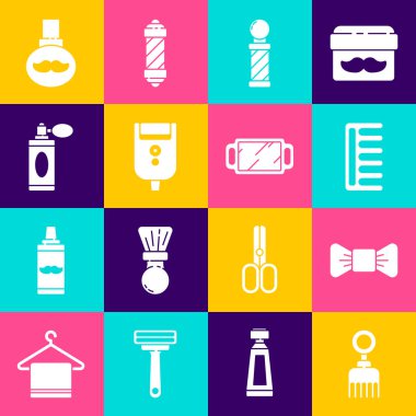 Saç fırçası papyonu klasik berber dükkânı direği tıraş bıçağı atom sakalı ve bıyık bakım yağı ve el aynası ikonu olan tıraş losyonu şişesi. Vektör.