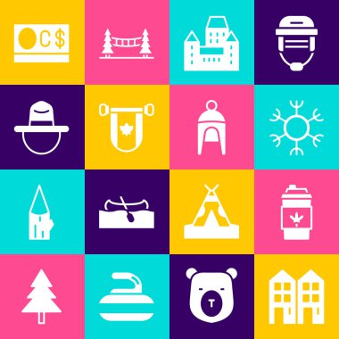 House Coffee kupasını Snowflake Chateau Frontenac Oteli Pennant Canada Ranger Doları ve Kış ikonu olarak ayarla. Vektör.