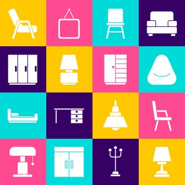 Masa lambası Koltuk Koltuğu Pouf Sandalyesi Gardırop ve ikonu hazırla. Vektör.