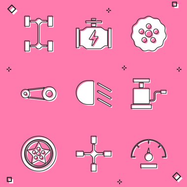 Chassis 'in aracını kontrol et, motor, dişli, kemer, yüksek ışın, araba pompa tekerleği ve tekerlek anahtarı ikonunu ayarla. Vektör.