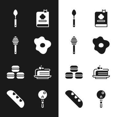 Çırpılmış yumurta, Bal Dipper kaşık, Makarna, kurabiye, kek, lolipop ve Fransız baget ekmek ikonu. Vektör.