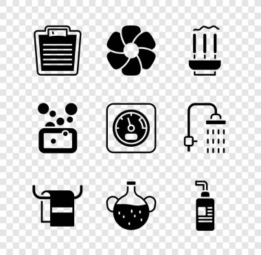 Banyo pullarını, çiçek tütsüsü çubuklarını, askı yağı şişesi kremi ya da losyon kozmetik sabun çubuğu ve sauna termometre ikonu üzerine koyun. Vektör.