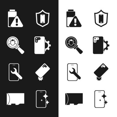 Telefon onarım hizmeti hata sistemi akıllı telefon pili şarjını kalkanlara dayanıklı cam ekran koruyucu ve Micro SD hafıza kartı ikonu ile ayarla. Vektör.