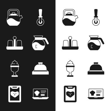 Kahve cezvesi tuzu ve biber ısıtıcılı pizza bıçağı saplı dondurma kasesi otel servis zilinde sipariş ve restoran kafe menüsü ikonu sipariş et. Vektör.