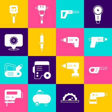 Elektrikli zımpara makinesi testere kablosuz tornavida lehimleme demir dairesel bıçak inşaat matkabı ve ikonu ayarlayın. Vektör.