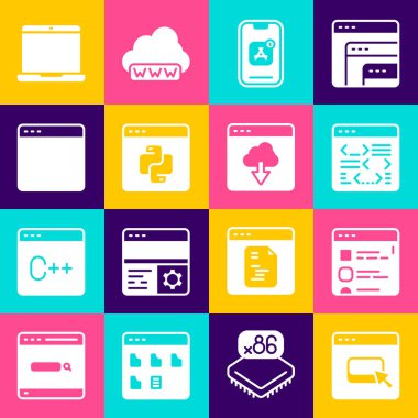 Tarayıcı dosyalarını ayarla Yazılım Mobil Uygulamalar Python programlama dili dizüstü bilgisayarı ve Bulut teknoloji veri aktarım simgesi. Vektör.