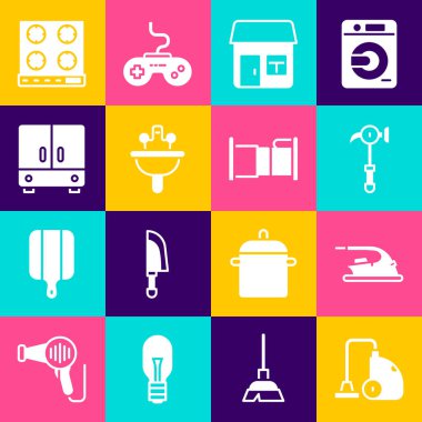 Elektrik süpürgesi elektrikli çekiç evi yıkama havzası gardırop gaz ocağı ve yatak ikonunu hazırla. Vektör.