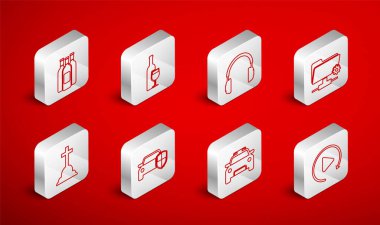 Video oynatma düğmesi, cam kulaklıklı şarap şişesi, FTP ayarları polis arabası, teşhirci şarap şişeleri, araba koruması ya da sigorta ve Tombstone haç simgesi. Vektör.