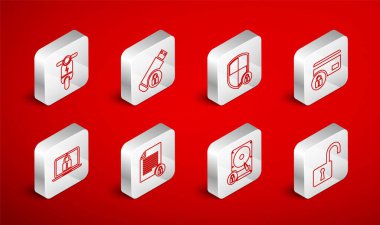 Açık asma kilit USB belleği, Shield güvenlik kartı hard diski, Electric scooter Document ve Laptop simgesi ile ayarla. Vektör.