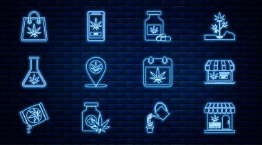 Online marihuana ve kenevir dükkanını ayarla. Konum Test Tüpü Alışveriş Torbası ve ikon ile birlikte marihuana şişesi satın al. Vektör.