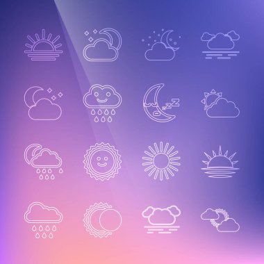 Güneş ve Bulut Bulutu 'nu ay yıldızları yağmuru ve Ay ikonu ile belirleyin. Vektör.