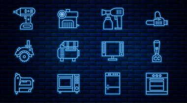 Blender marka fırın sprey tabanca hava kompresörü elektrik kablosuz tornavida akıllı televizyon ve ikon. Vektör.