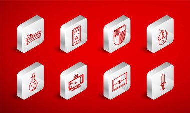 Satır Kılıcını Mobile oyunu için ayarla ve Shield Bilgisayar Fare Oyun Sandığı Video konsolu çevrimiçi ve sihirli ikon ile şişe canlı yayınında oyna. Vektör.