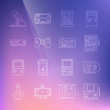 Slot makinası oyun rehberi Gamepad Video Mikrofon ve hesap ekran simgesi oluşturun satırı Portable video oyun konsolu CD DVD diskini ayarla. Vektör.