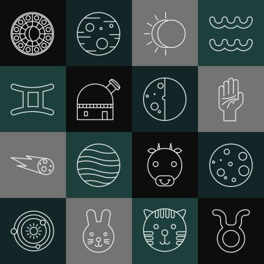 Tutulma Güneş Astronomik Gözlemevi Gemini Astroloji Çemberi ve ikon eliyle Taurus zodyak Ay Palmiyesi çizgisini ayarlayın. Vektör.