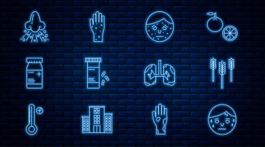 Aşırı terleyen Buğday Surat sedef hastalığı ya da egzama ilacı şişesi ve akciğerli burun akciğeri ve el ikonu içeren haplar. Vektör.