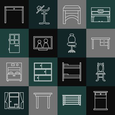 Sırayı Büyük Yatak Sandalyesi Masa Masası Resim çerçevesini Kapalı Kapı Ahşap ve Sandalye ikonu üzerine kur. Vektör.