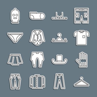 Sıralı elbise dolabı deri eldiven Polo gömlek ya da ceket erkek iç çamaşırı kar maskesi ve ikon. Vektör.