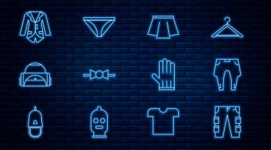 Çizgiyi ayarla. Kargo pantolonları, etek paça kravat spor ceket ceket, deri eldiven ve erkek iç çamaşırı ikonu. Vektör.